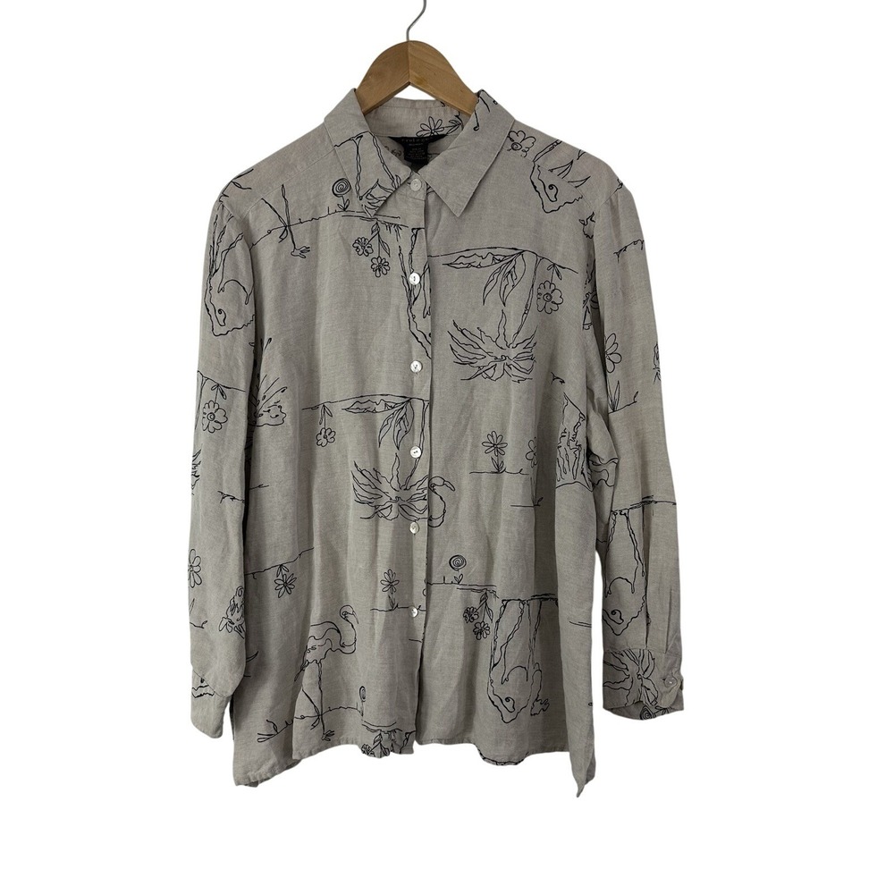 Ecologie Shirt Womens 2X 100% Linen Button Up Beige Artsy Safari Art to Wear Top